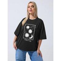 Yours Curve Embroidered Stitch Sun Graphic T-Shirt - Black