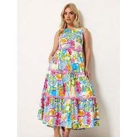 Yours Curve Printed Contrast Trim Dress - White
