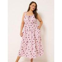 Yours Curve Floral Print Linen Milkmaid Dress - Pink