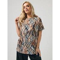 Yours Curve Abstract Zebra Print Pleat Shoulder Top - Brown