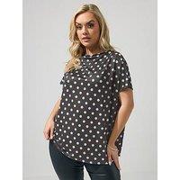 Yours Curve Polkadot Pleat Shoulder Top - Chocolate