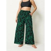 Yours Curve Leaf Print Wide Leg Crinkle Trousers - Black