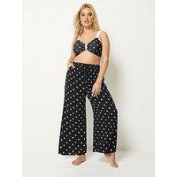Yours Curve Polka Dot Print Wide Leg Crinkle Trousers - Black