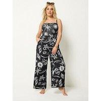 Yours Curve Shell Print Wide Leg Crinkle Trousers - Black