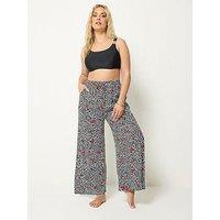 Yours Curve Cherry & Leopard Print Wide Leg Crinkle Trousers - Black