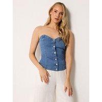 Long Tall Sally Bandeau Denim Button Top - Blue
