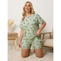 Yours Curve Dalmatians Print Short Sleeve Pyjama Set - Green