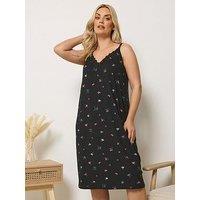 Yours Curve Soft Touch Fruit Print Lace Chemise - Black
