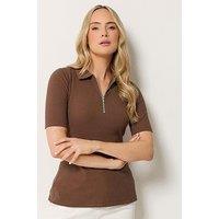 Long Tall Sally Zip Neck Rib T-Shirt - Brown