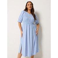 Yours Curve Shirred Puff Sleeve Dress - Blue
