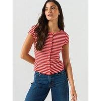 Free People Ribbed Stripe Button Front Short Sleeve Top - Red