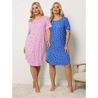 Yours Curve 2 Pack Soft Touch Palm Print Dipped Back Nightdress - Blue