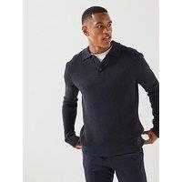Jack & Jones Knitted Long Sleeve Polo Shirt - Navy