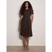 Apricot 3-D Embroidered Cotton Collar Midi Dress - Brown