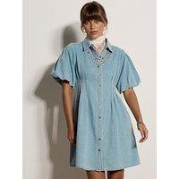 Apricot Denim Bubble Sleeve Mini Dress - Blue