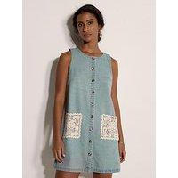 Apricot Button Through Denim Shift Dress With Crotchet Patch Pockets - Blue