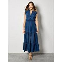 Apricot V-Neck Ruffle Tiered Dress - Blue