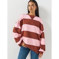 Free People Striped Crew Neck Oversized Sweatshirt - Pink