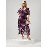Yours Curve Polkdot Mesh Wrap Ruffle Dress - Burgundy