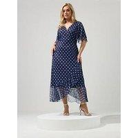 Yours Curve Polkdot Mesh Wrap Ruffle Dress