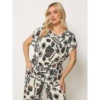 Yours Curve Trim Detail Abstract Print T-Shirt - Brown