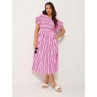 Yours Curve Frill Sleeve Stripe Dress - Pink