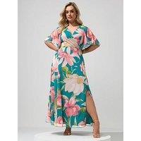 Yours Curve Floral Mesh Angel Sleeve Maxi Wrap Dress