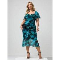 Yours Curve Blur Gathered Sweetheart Neckline Dress - Blue