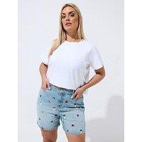 Yours Curve Fruit Embroided Denim Shorts - Blue