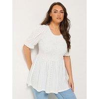Yours Curve Shirred Puff Sleeve Top - White