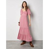 Apricot Crinkle Viscose Milkmaid Tiered Maxi Dress - Pink