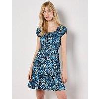 Apricot Tie Dye Ikat Milkmaid Tiered Drs - Blue