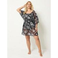Yours Curve Palm Tree Chiffon Kaftan Dress - Black