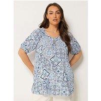 Yours Curve Tile Print Gypsy Bardot Top - Blue