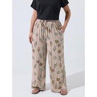 Yours Curve Crinkle Stripe Leopard Print Shell Detail Trousers - White