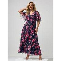 Yours Curve Floral Angel Sleeve Mesh Maxi Dress - Blue