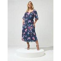 Yours Curve Floral V-Neck Dress - Blue
