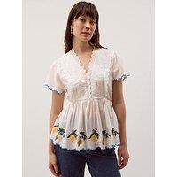 Monsoon Luna Lemon Embroidered Jersey Top - Cream