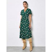 Apricot Midi Milkmaid Tea Dress With Pleated Waist - Green