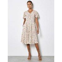 Apricot Painterly Floral Ditsy In Coconut Button Angel Sleeve Dress - Cream
