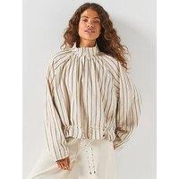 Free People Devon Striped Balloon Funnel-Neck Jacket - Cream