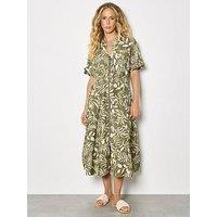Apricot Palm Print Zip Front Midaxi Dress - Green