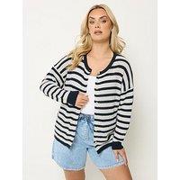 Yours Curve Stripe Print Crew Cardigan - Blue