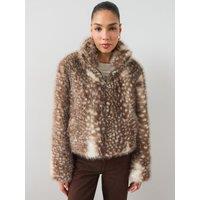 The Very Collection Womens Deer Funnel Neck Zip Faux Fur Jacket - Print