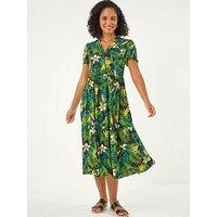 Roman Tropical Leaf Print V-Neck Midi Dress