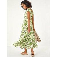 Roman Leaf Print Shirred Maxi Dress