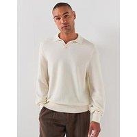 Boss Open Neck Long Sleeve Knitted Polo Shirt - Open White