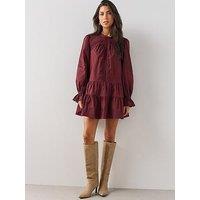 The Very Collection Lace Trim Long Sleeve Cotton Mini Smock Dress - Burgundy