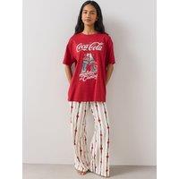 The Very Collection Womens Coca Cola Oversized Christmas Print Wide Leg Pyjama Set - Burgundy
