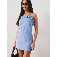 Mango Starring Hailey Bieber Short Checked Dress With Ruffle Detail - Blue